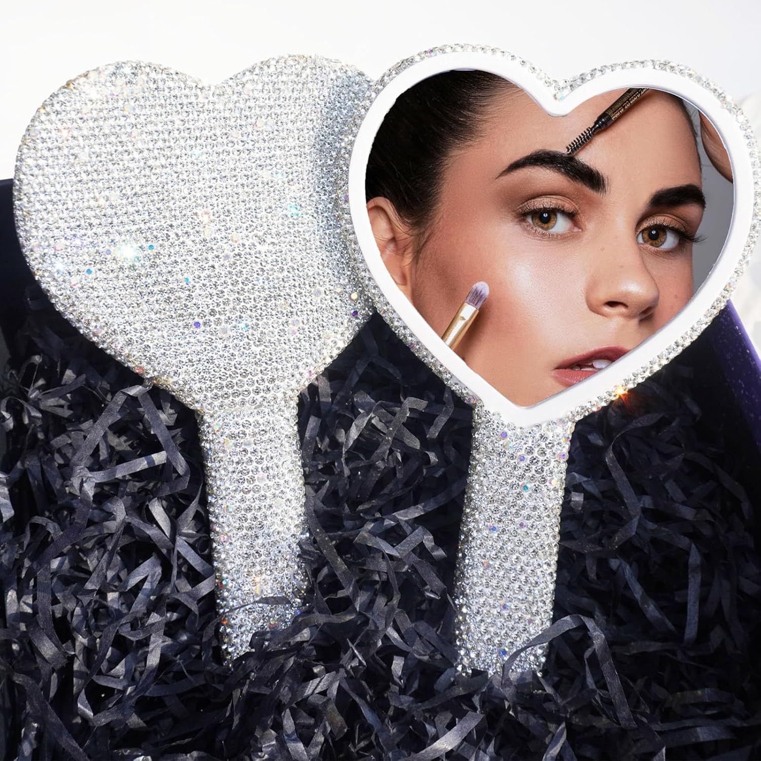 Skiennix Large Rhinestone Handheld Mirror - Dazzling Glitter Design for Weddings | Silver & White