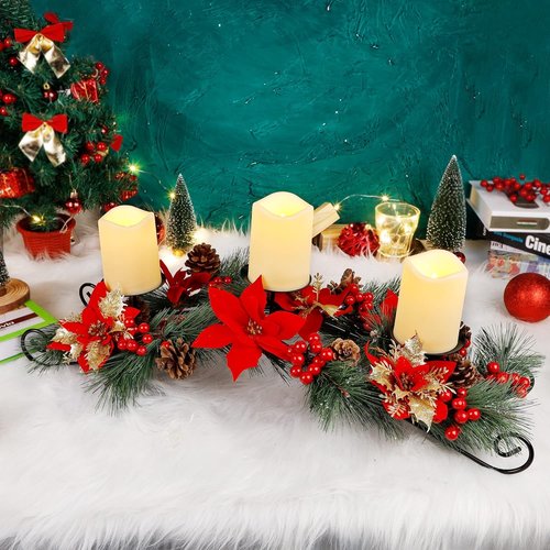 FORUP 26 Inch Christmas Centerpiece - Elegant Candle Holders with 3 Flameless Candles | Festive Table Decor