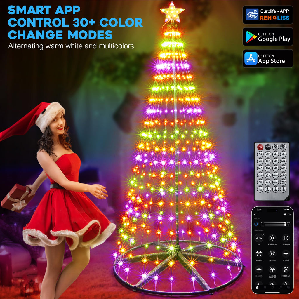 30+ Modes Smart Prelit Christmas Cone Tree with Lights - 6ft 296 LED App Control Color Changing Light Show Trees with Remote Timer Music Sync for Indoor Outdoor Yard (Green Body)