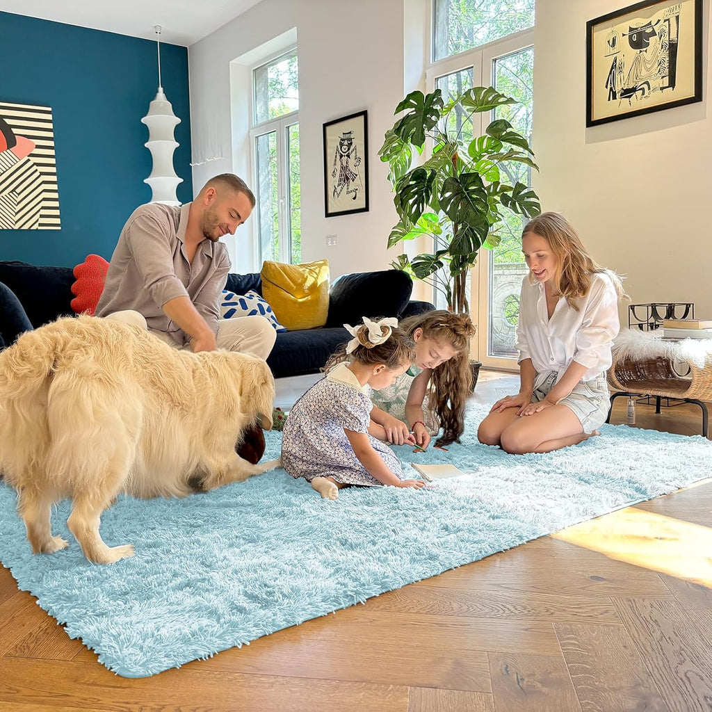 OLANLY 2x8 Machine Washable Runner Rug - Soft Fluffy Shaggy Indoor Carpet for Bedroom & Hallway | Light Blue Decor