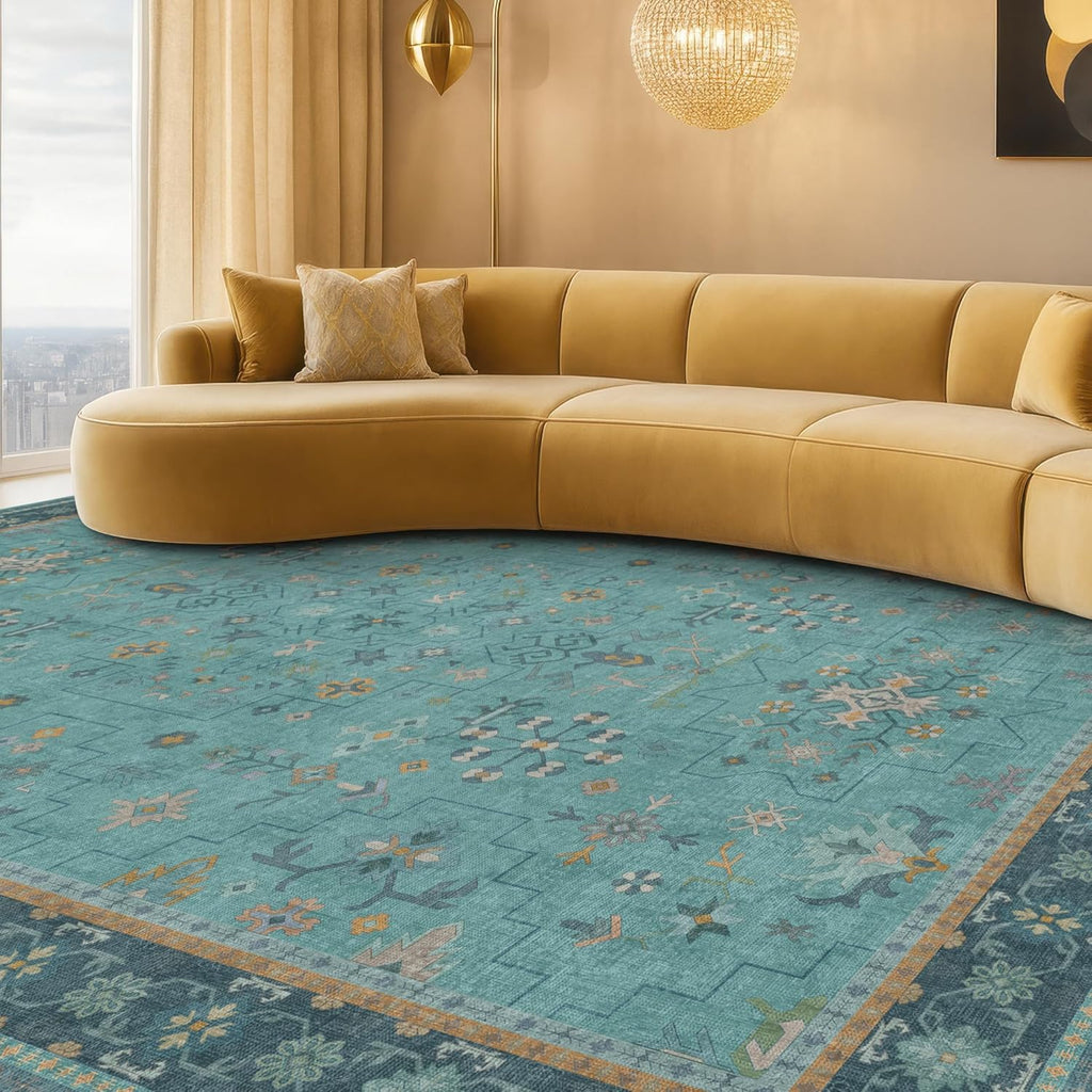 Skiennix Washable Large Teal Boho Living Room Rug - Soft Floral Area Rug, Non-Slip & Stain Resistant, 10x12 ft