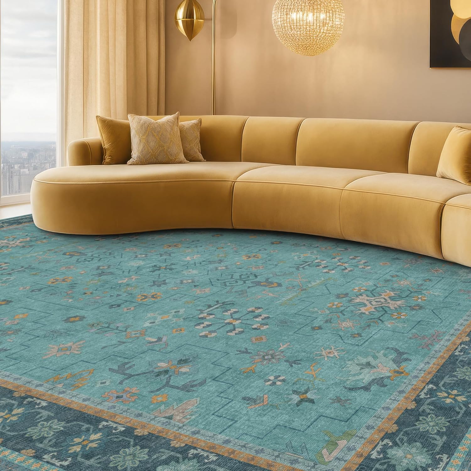 Regine Switzerland Washable Large Teal Boho Living Room Rug - Soft Floral Area Rug, Non-Slip & Stain Resistant, 10x12