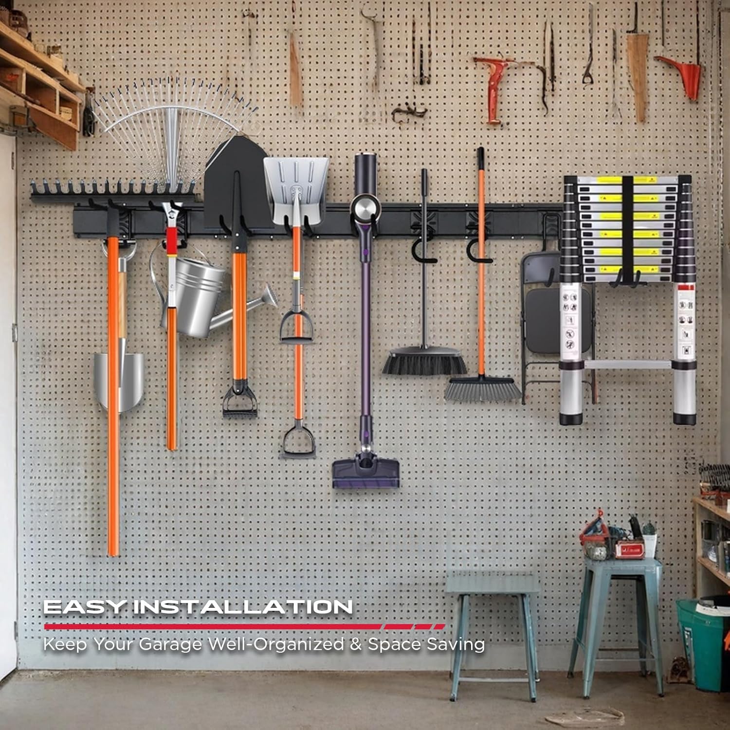 SEDY Heavy Duty Garage Storage Tool Organizer - Wall Mount Rack with Adjustable Hooks, 300lbs Capacity | Easy Installation (10 Hooks, 4 Rails, 3 Straps)