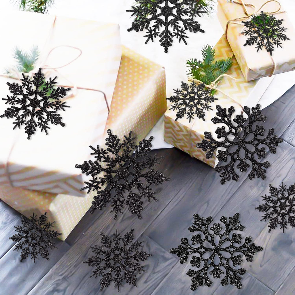 Skiennix 36-Piece Black Christmas Snowflake Ornaments - Glittery Plastic Decor for Holiday Trees & Parties