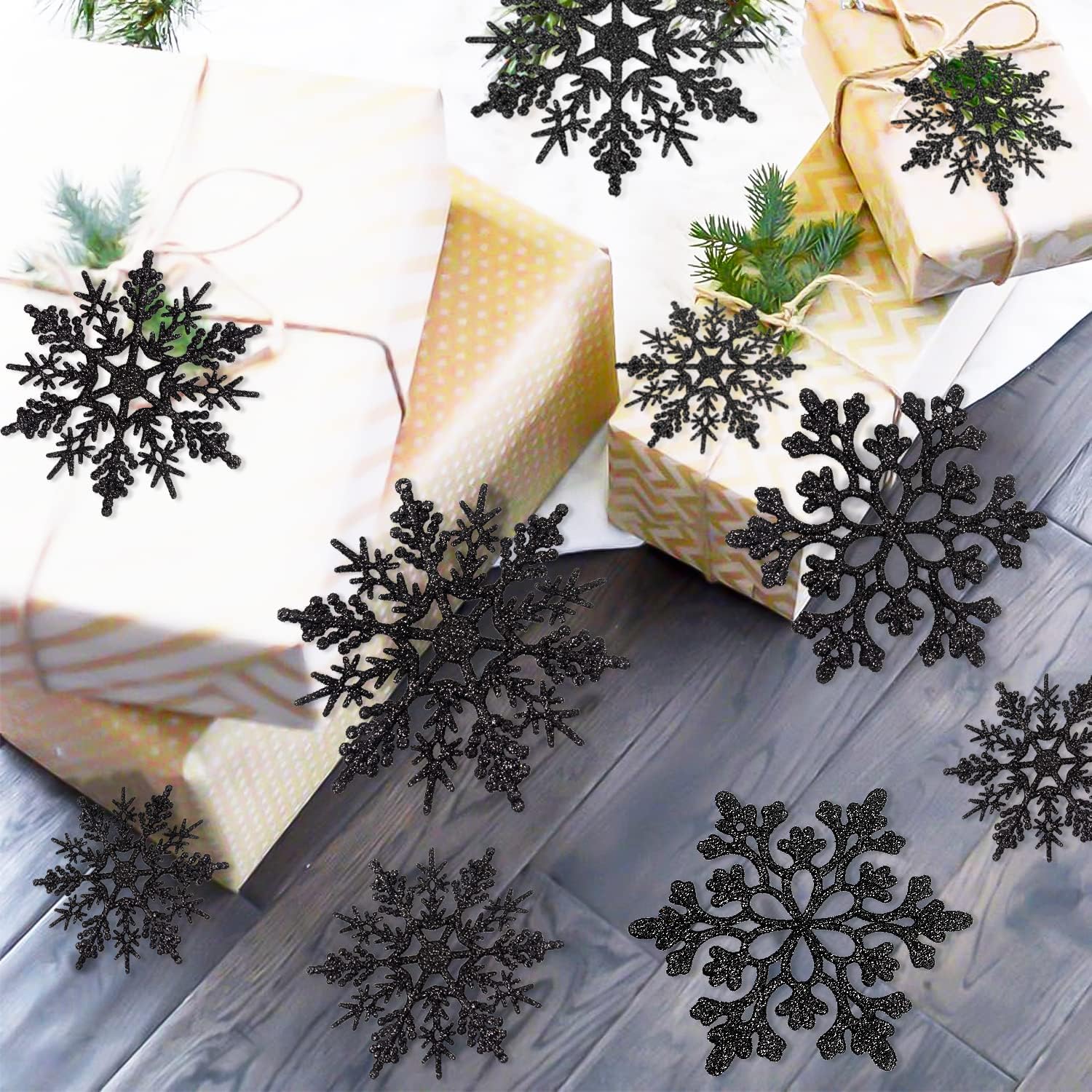Skiennix 36-Piece Black Christmas Snowflake Ornaments - Glittery Plastic Decor for Holiday Trees & Parties