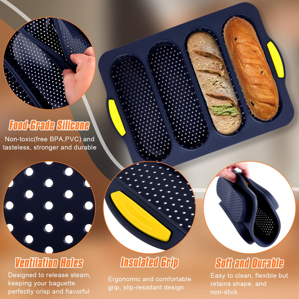 XenMee 2 Pcs Silicone Bread Loaf Pan, Non-Stick Baguette Bread Pan Food Grade, 4-Cavity Perforated French Baking Mold for Homemade Bread, French Baguette, Sandwich Rolls