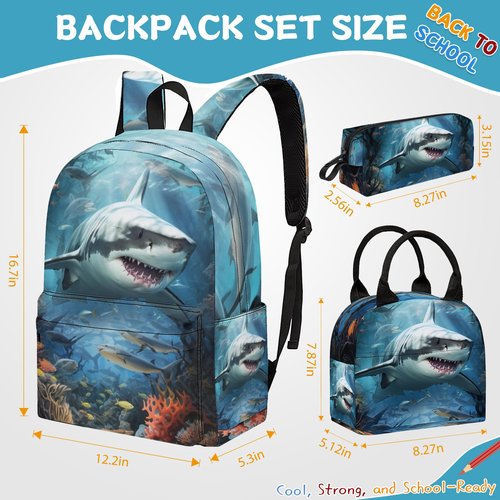 3PCS Shark Backpack Set for Boys, Large Lightweight 17 Inch Backpack with Lunch Box & Pencil Case for Kids, Back to School Bookbag for Elementary School