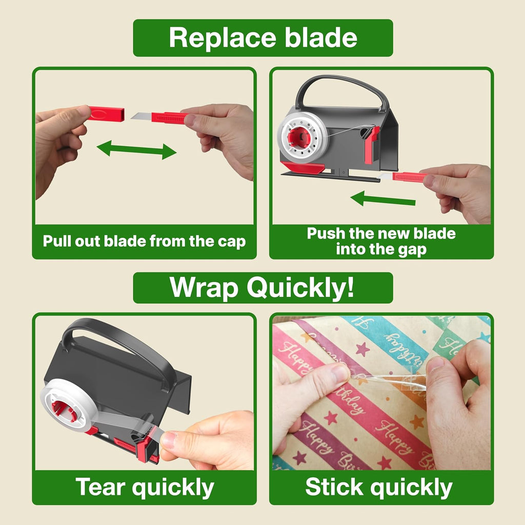 Wraprocut Wrapping Paper Cutter & Tape Dispenser - 2-Pack with 4 Tapes & 2 Replacement Blades for Easy Gift Wrapping