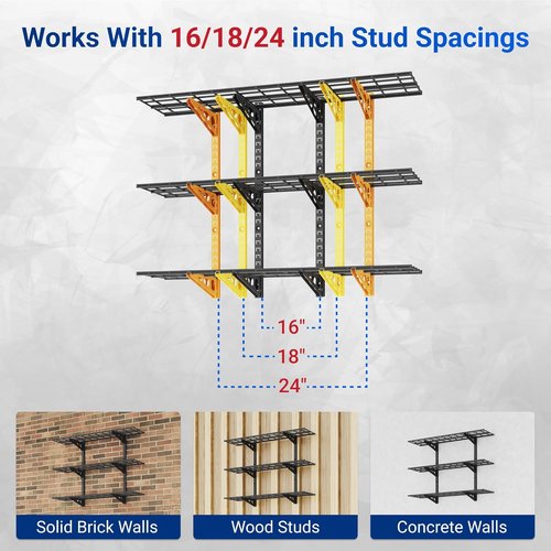 FLEXIMOUNTS 3-Tier Garage Storage Wall Shelving - Heavy Duty, Adjustable, 600lbs Capacity | Black, 12x48 Inch
