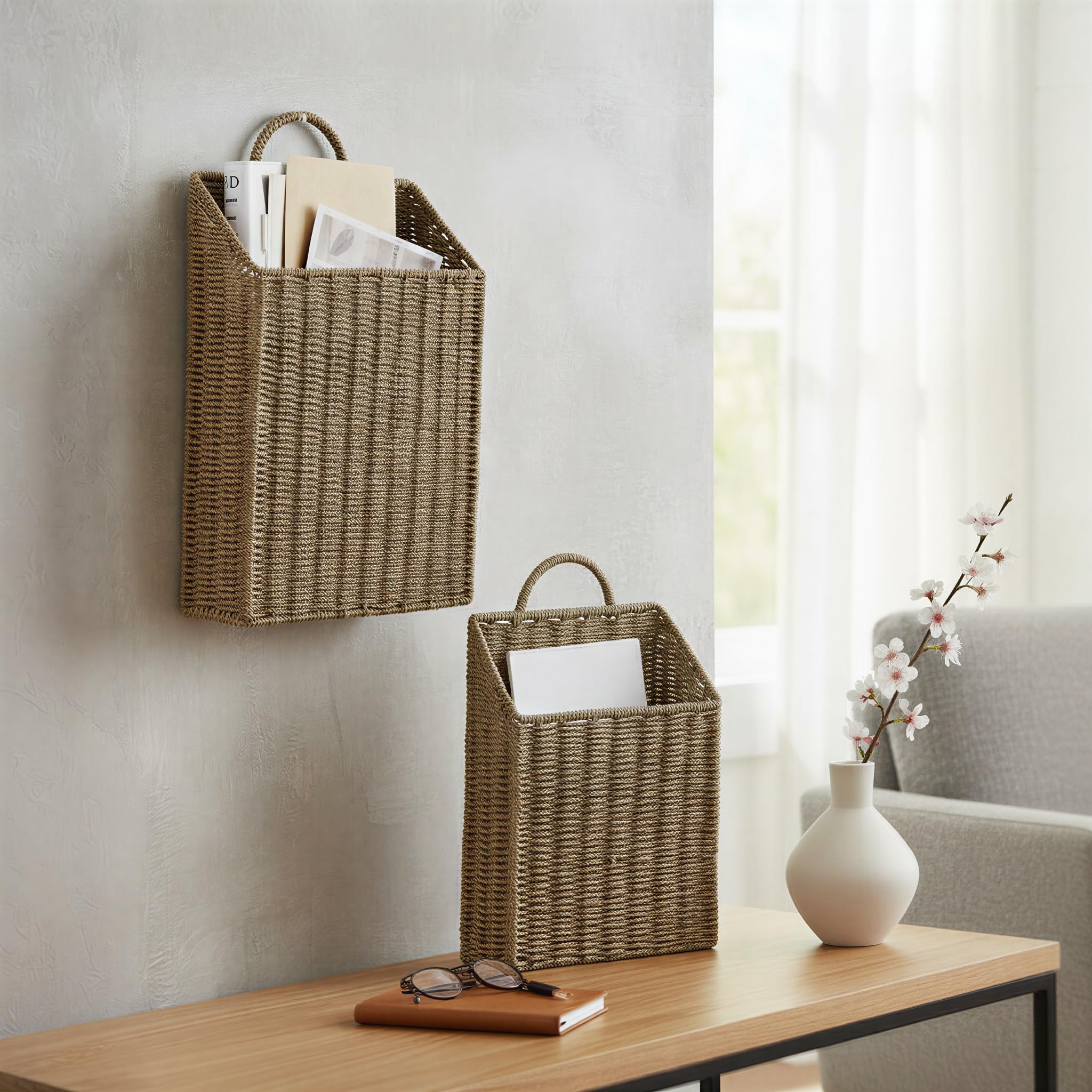 Rectangular Wicker Hanging Baskets, Set of 2, Small and Large, Handwoven Seagrass, Durable Metal Wire Frame, Multipurpose and Contemporary, Perfect for Organizing Newspapers, Mail and More, Natural