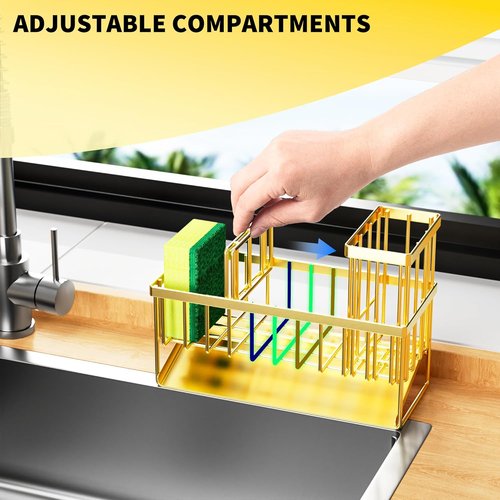 Cisily Gold Kitchen Sink Caddy Organizer - Rustproof 304 Stainless Steel with Brush & Sponge Holder