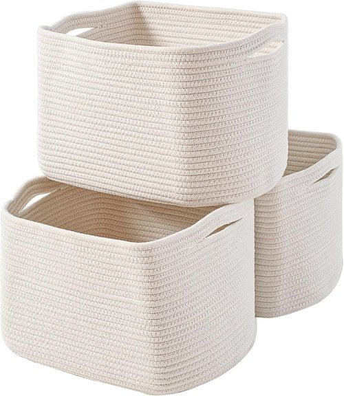 ICERZCZ Storage Baskets - Woven Cotton Rope Organizers for Nursery & Home | 15"x11"x9.5", Off White, 3 Pack