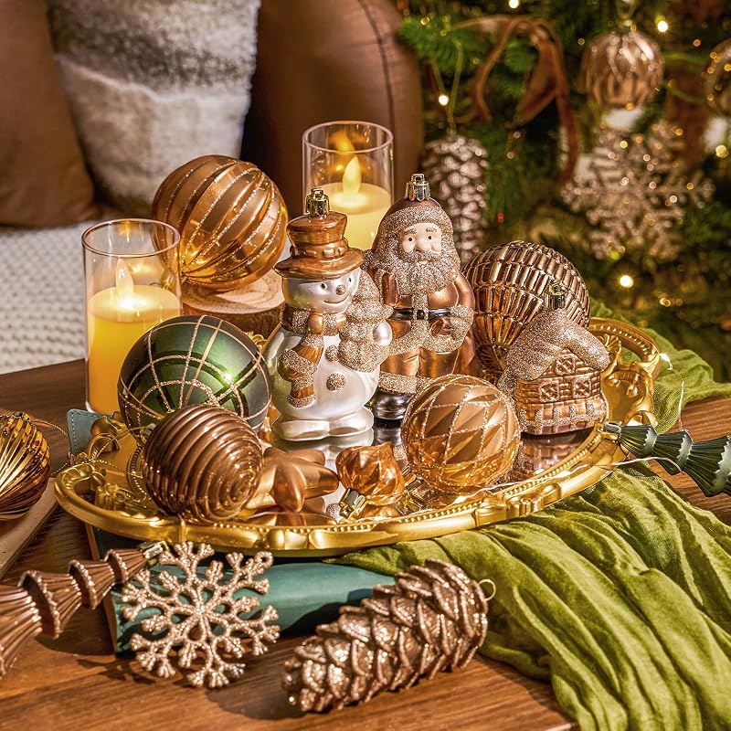 Earth Tone 179-Pack Christmas Tree Ornaments Set with Lanyard - Shatterproof Baubles & Snowmen, Santa, Pine Cones, Tree Topper