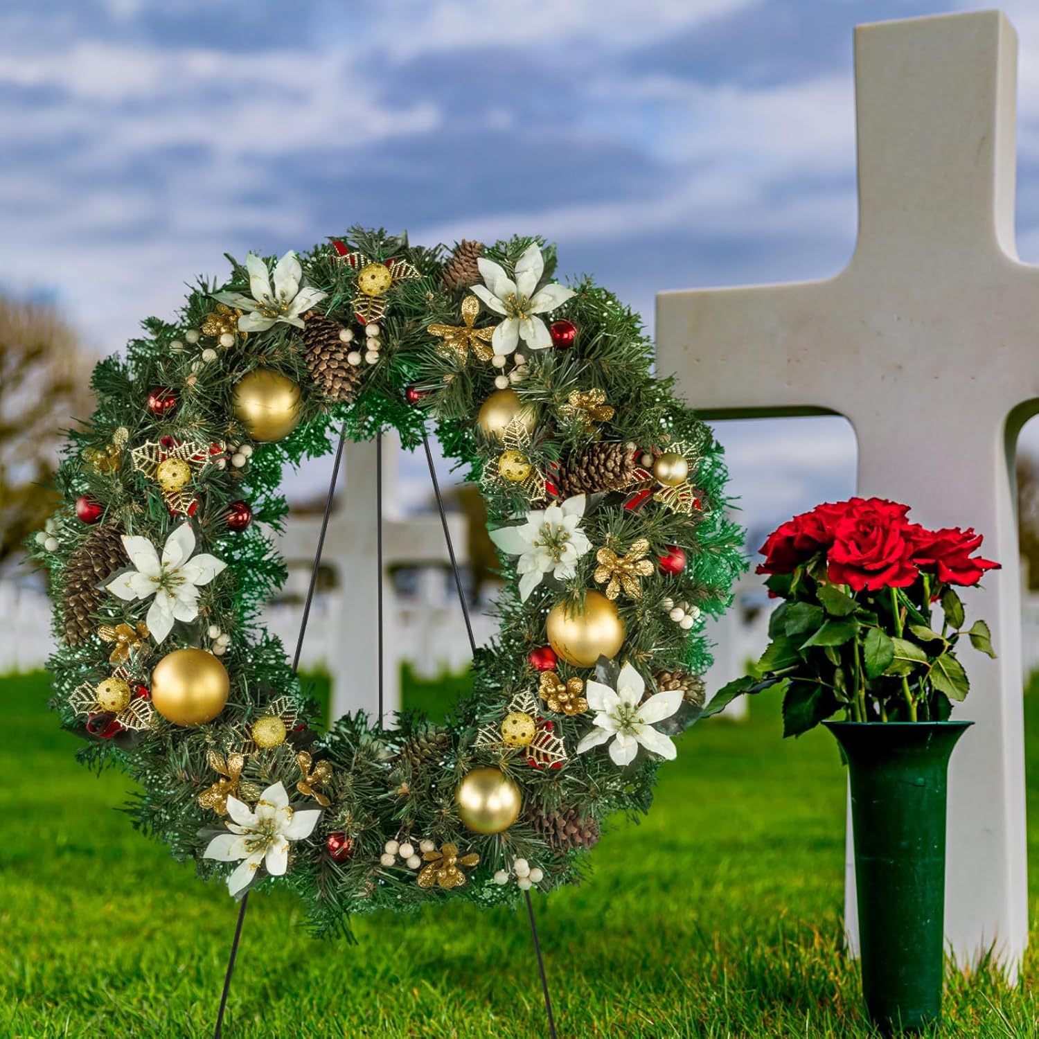 Soaoo Christmas Wreath Stand - Metal Easel for Cemetery Grave Flower Holder | 30-Inch Gravestone Decor