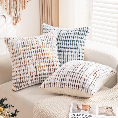 CATOLAT Boho Throw Pillow Covers Set of 2-18x18 Inch Farmhouse Tufted Pillow Covers Neutral Chenille Boho Throw Pillows, Accent Fluffy Pillow Cases for Couch Living Room Bed Sofa, Yellow and White