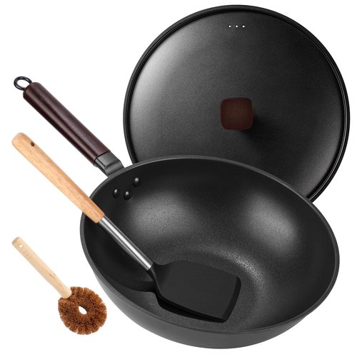 Teewe Carbon Steel Wok Pan - 13" Wok Pan with Lid, Woks & Stir-Fry Pans Nonstick with Spatula & Brush, Chinese Wok Flat Bottom Wok for Induction, Electric, Gas, All Stoves