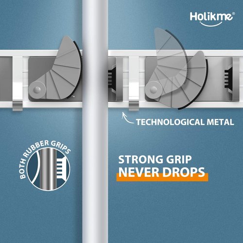 Holikme Wall Mount Mop Broom Holder - Metal Kitchen & Garden Tool Organizer | 4 Positions, Silver