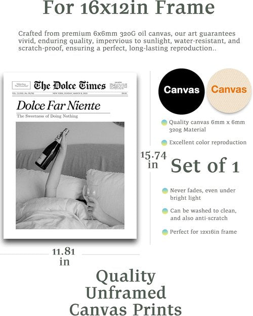 iHery Unframed Canvas Wall Art - Trendy New York Newspaper Print | La Dolce Vita, 12x16in