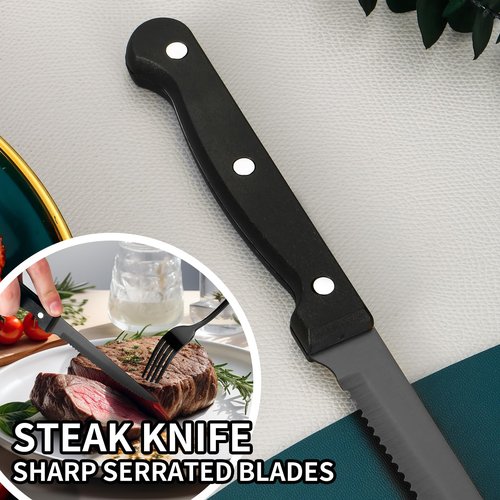 24-Piece Black Silverware Set with Steak Knives Black Stainless Steel Flatware Set for 4 Food Grade Tableware Cutlery Set Rust-proof, Mirror Polished, Dishwasher Safe