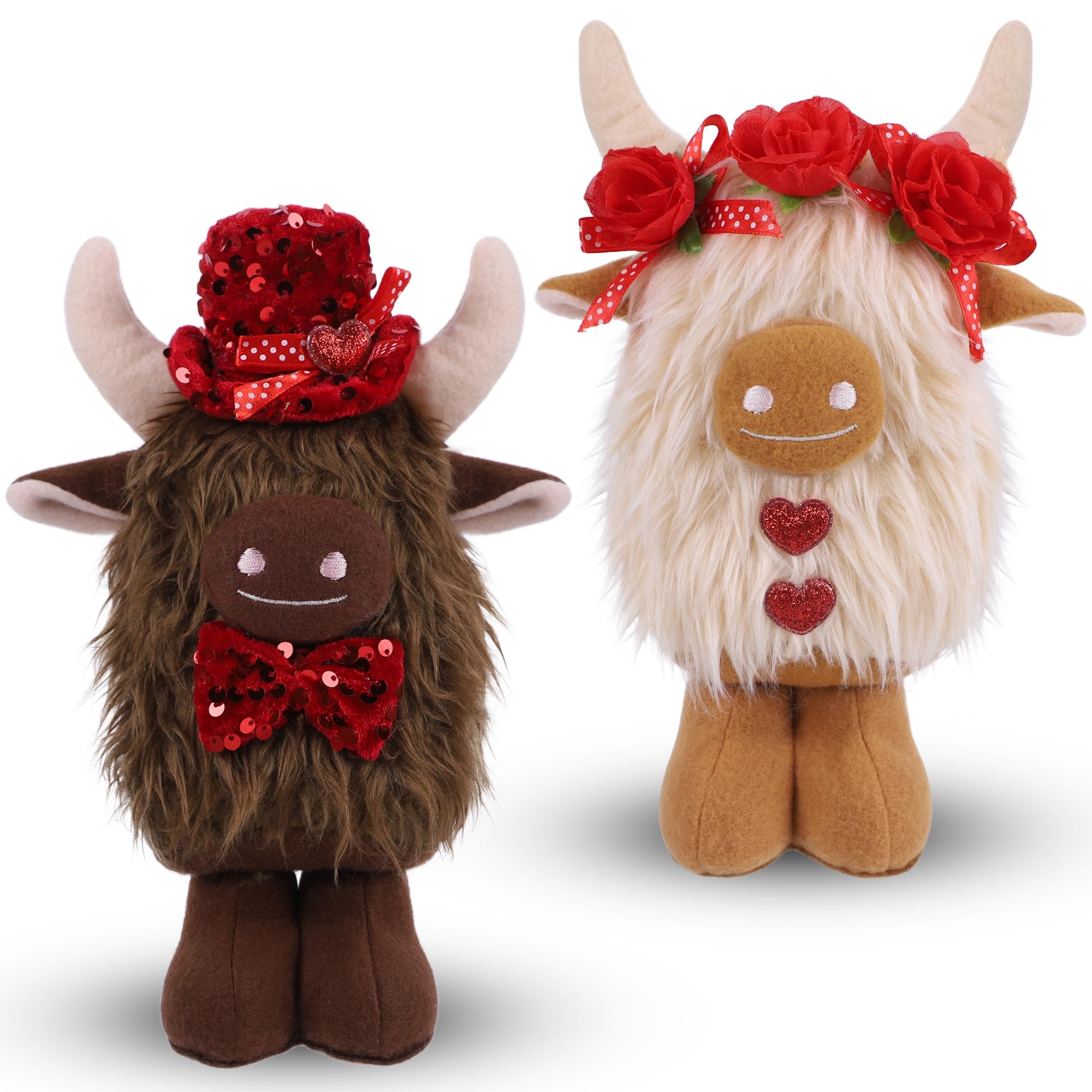 YOFIT 2 Pack Valentines Decorations for Home- Highland Cow Plush with Rose& Heart, Cute Valentine Day Desk & Shelf Display, Romantic Indoor Decor, Valentines Gift for Her/Him