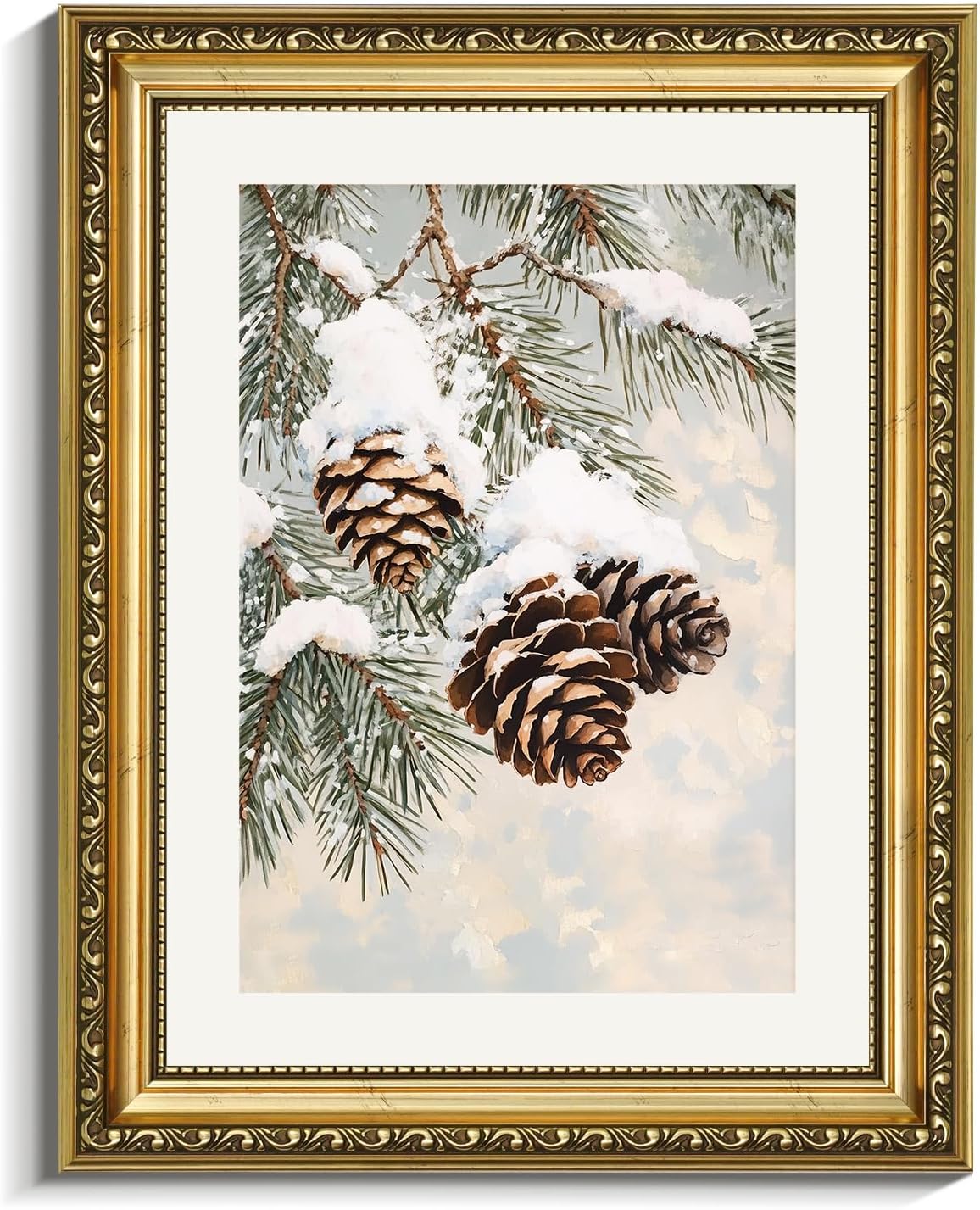 VIYYIEA Gold Framed Christmas Wall Art - Rustic Pinecone & Pine Tree Canvas Print | 11x14in Holiday Decor