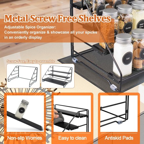 AVMDOM 4 Tier Spice Rack Organizer for Cabinet, Step Adjustable Spice Shelf Seasoning Organizer with Non Slip Tiers, Expandable Metal Spice Rack for Kitchen Countertop, Pantry, Cupboard – Black