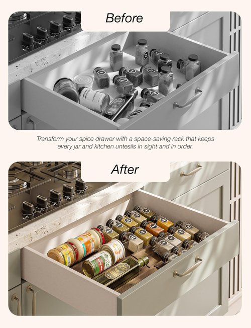 Tinamo Acacia Wooden Spice Rack Organizer for Cabinet - Spice Drawer Insert, Spice Organization for Cabinet, Seasoning Organizer, Spice Holder Pack of 8 (Walnut, Pack 8)