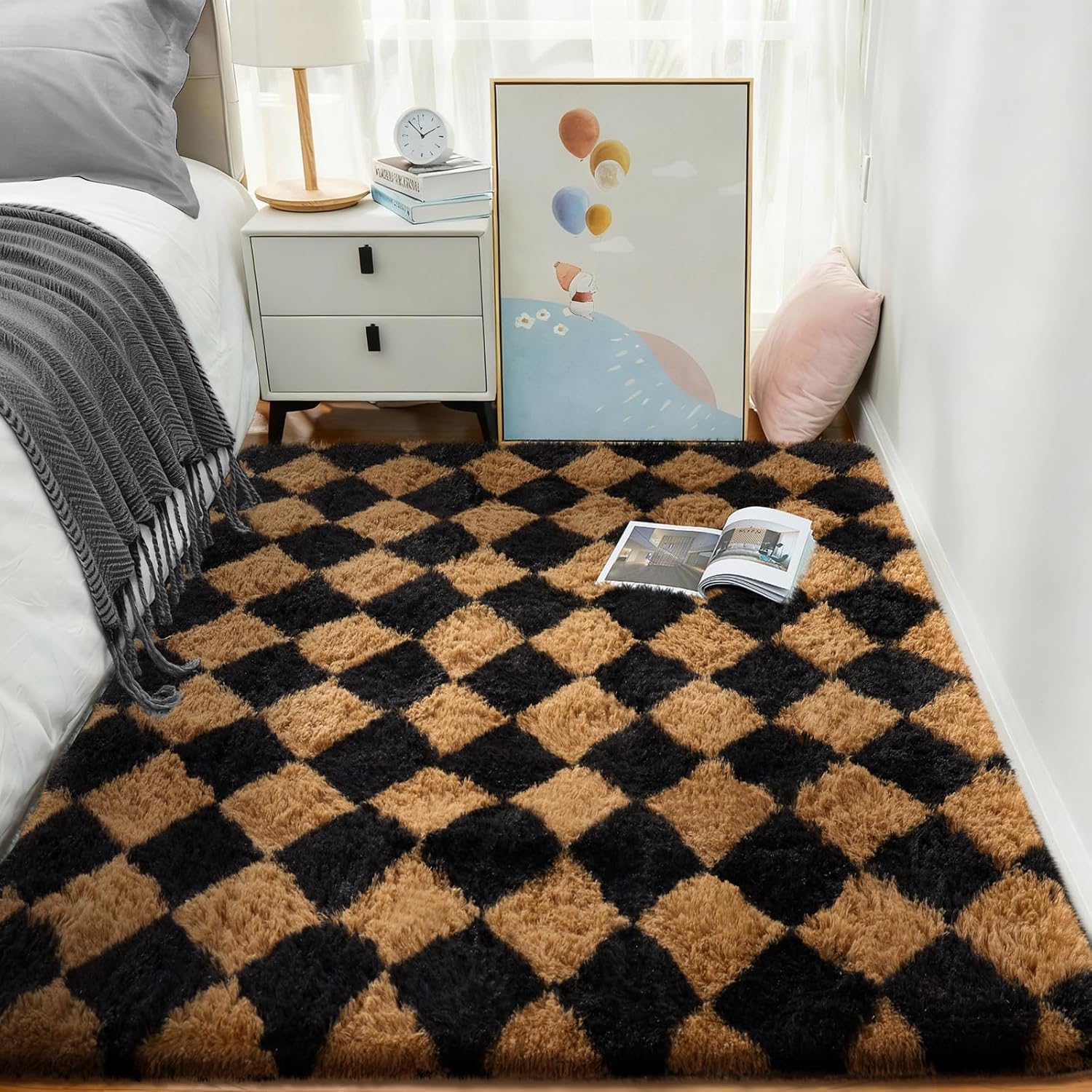 Ophanie Checkered Black & Beige Area Rug - Soft Fluffy Shaggy Carpet for Living Room & Bedroom | 4x6 Furry Design
