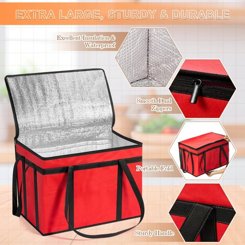 Dansydaisy 10 Pcs Insulated Food Delivery Bags XXXL Pizza Delivery Catering Bags Large Capacity Cooler Carrier with Handle for Hot and Cold Food Grocery Travel Lunch Shopping, Red