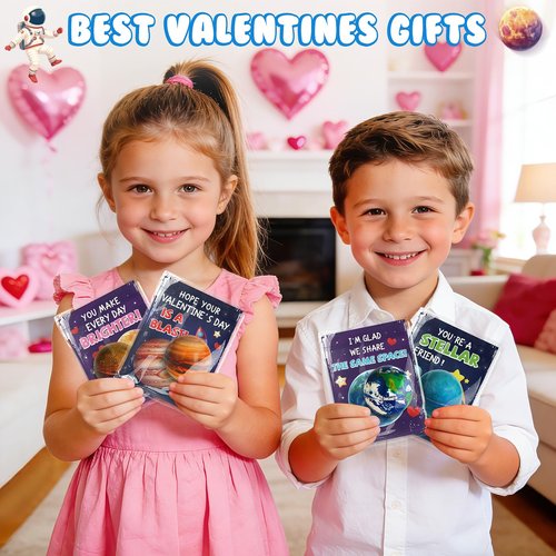 Valentines Day Gifts for Kids, 27 Pack Valentines Day Cards for Kids School with 9 Salor System Planets Balls, Bouncy Space Balls for Classroom Prize Exchange, Party Favors, Goodie Bag Stuffers