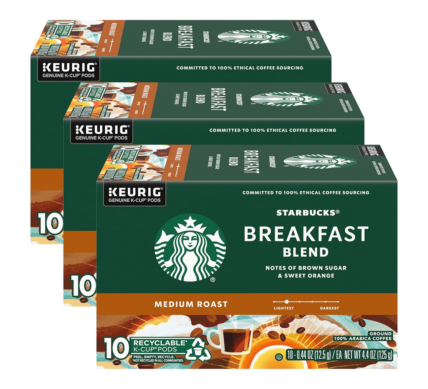 Starbucks K-Cup Pods - Breakfast Blend Medium Roast Coffee | 10 Pods Per Box, Pack of 3 Boxes