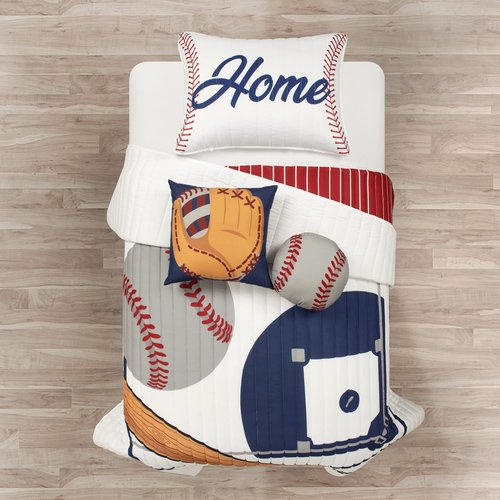 Lush Decor Baseball Game Reversible Quilt Twin Size 4 Piece Set White & Red - Toddler Bedding Set Twin Quilt - Sports Bedroom Decor - Baseball Bedding