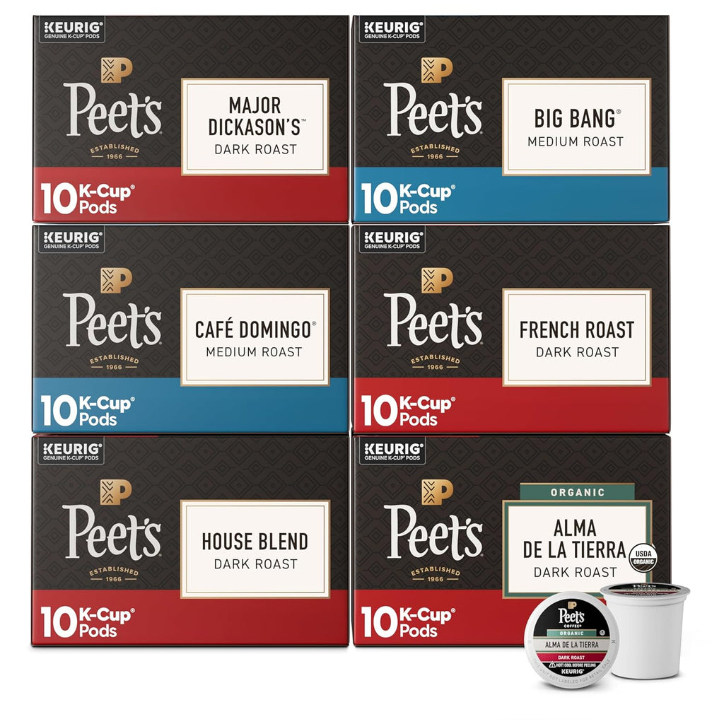 Peet's Coffee K-Cup Pods Variety Pack - 100% Arabica Coffee, 60 Count (6 Boxes of 10 Pods)