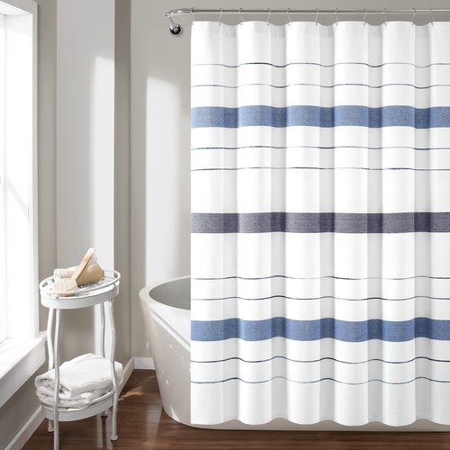 Lush Decor Chic Stripe Yarn Dyed Cotton Blend Shower Curtain Single 72" W x 72" L Navy & Blue - Striped Shower Curtains for Bathroom - Bathroom Curtain