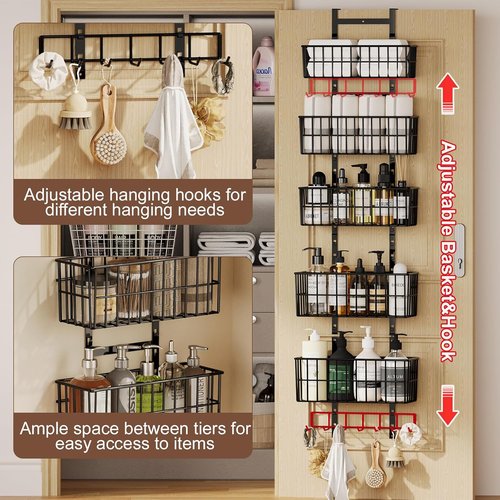 Hongtamoya Adjustable Over The Door Organizer - Metal Hanging Storage with 5 Baskets & 7 Hooks | Black