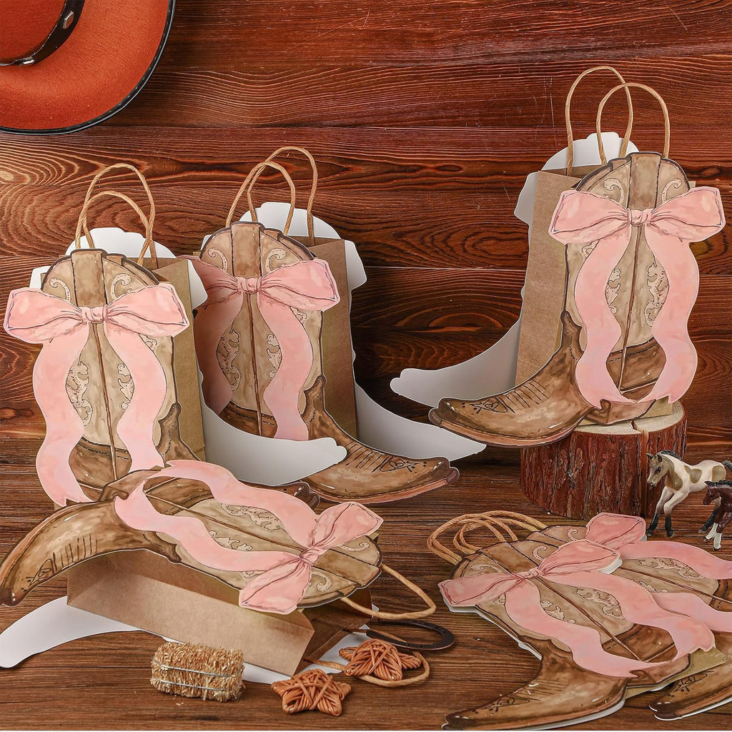 Sinload Western Gift Bags - Cowgirl Cowboy Boots Design with Pink Bow Handles | Perfect for Birthday Party Favors (Brown Style)