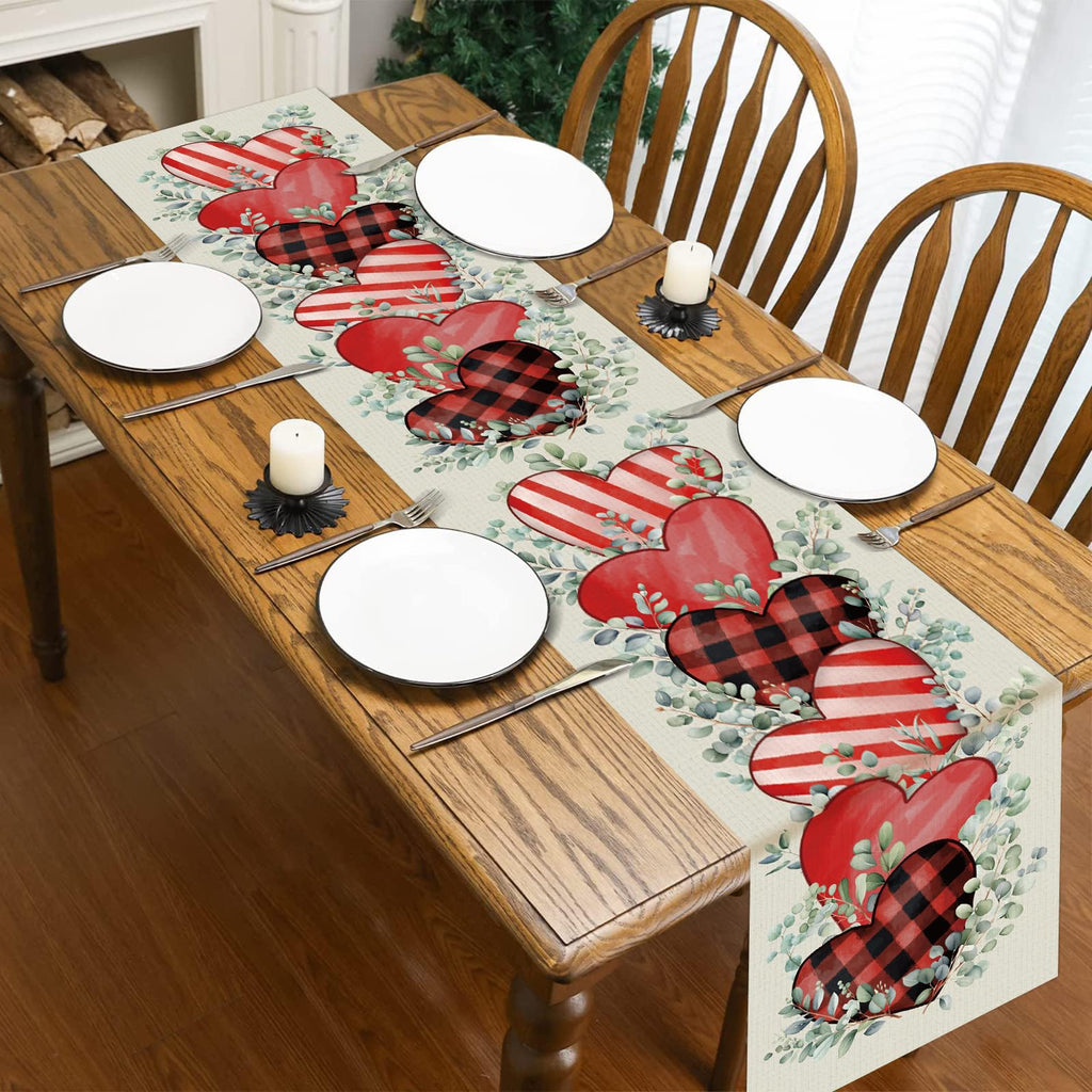 St. Patrick's Day Linen Table Runner Valentine's Day Table Runner Eucalyptus Hearts Lucky Shamrock Tables Decoration for Dinning Kitchen Home Party Decoration Supplies (13 x 72Inch)