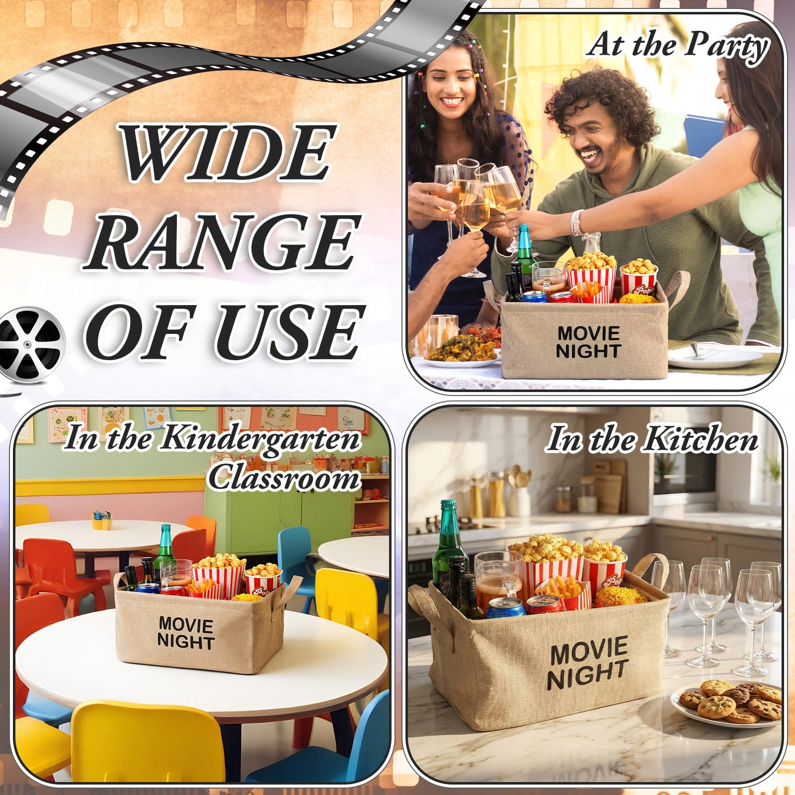 Gandeer Large Movie Night Snack Basket with Handles Movie Night Snack Tray Reusable Burlap Storage Organizer for Theater Popcorn Bucket Bowl Box Container Family Film Holiday Parties(Khaki, Classic)