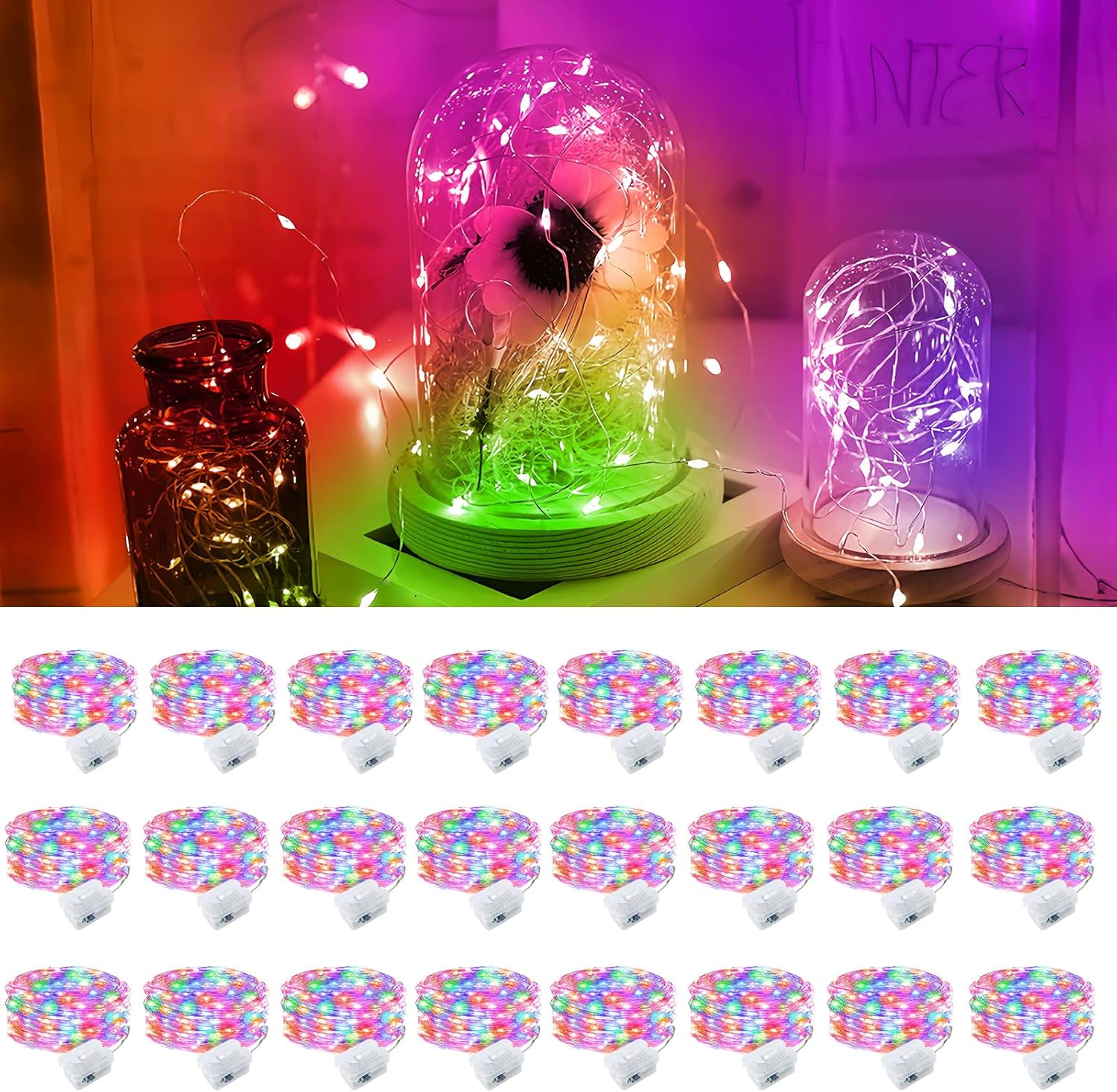 Pozzolanas 24 Pack Multi-Colored Fairy Lights - Battery Operated 7FT Waterproof String Lights for Weddings & Parties