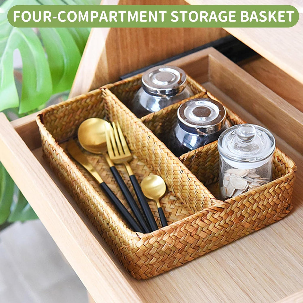 Skiennix Wicker Baskets - 4-Section Tea Bag & Sugar Packet Holder | Seagrass Compartment Organizer