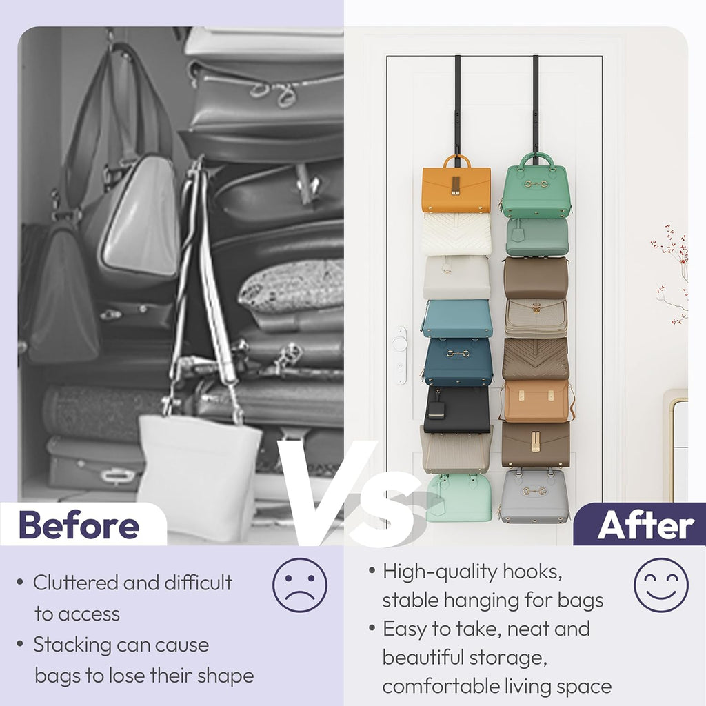 SWTYMIKI Over The Door Purse Organizer - 2-Pack Wall-Mounted Rack with 8 Hooks for 16 Bags | Black