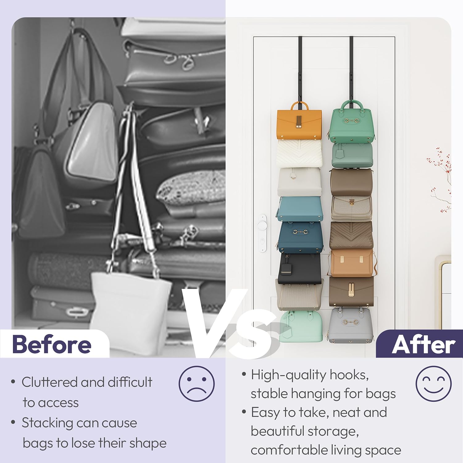 SWTYMIKI Over The Door Purse Organizer - 2-Pack Wall-Mounted Rack with 8 Hooks for 16 Bags | Black