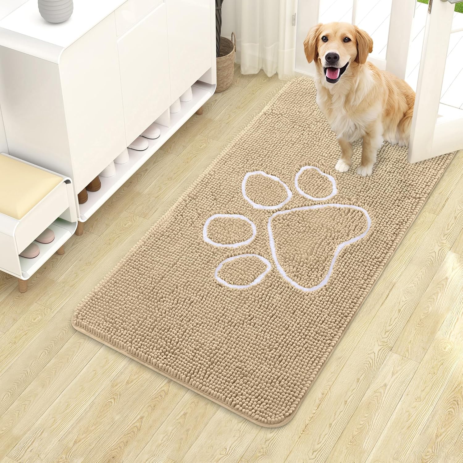 OLANLY Dog Door Mat - Absorbent Non-Slip Mud Mat for Muddy Paws | 40x24 Paw Print Design, Quick Dry Beige