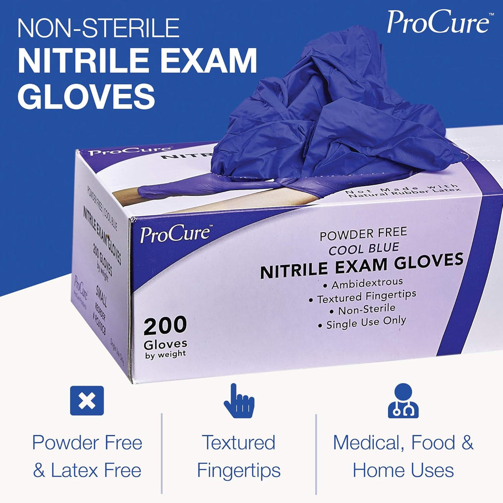 ProCure Disposable Nitrile Gloves - Latex Free, Powder Free, 200 Count Medical Exam Gloves