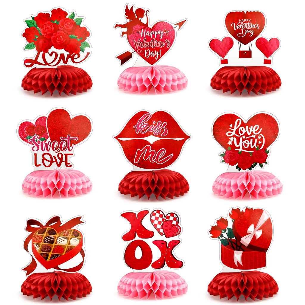 Valentines Day Honeycomb Centerpieces for Tables, 9Pcs Valentines Table Decorations Honeycomb Centerpiece, Red Heart 3D Centerpiece Table Decoration for Birthday Home Valentine's Party Decor Supplies
