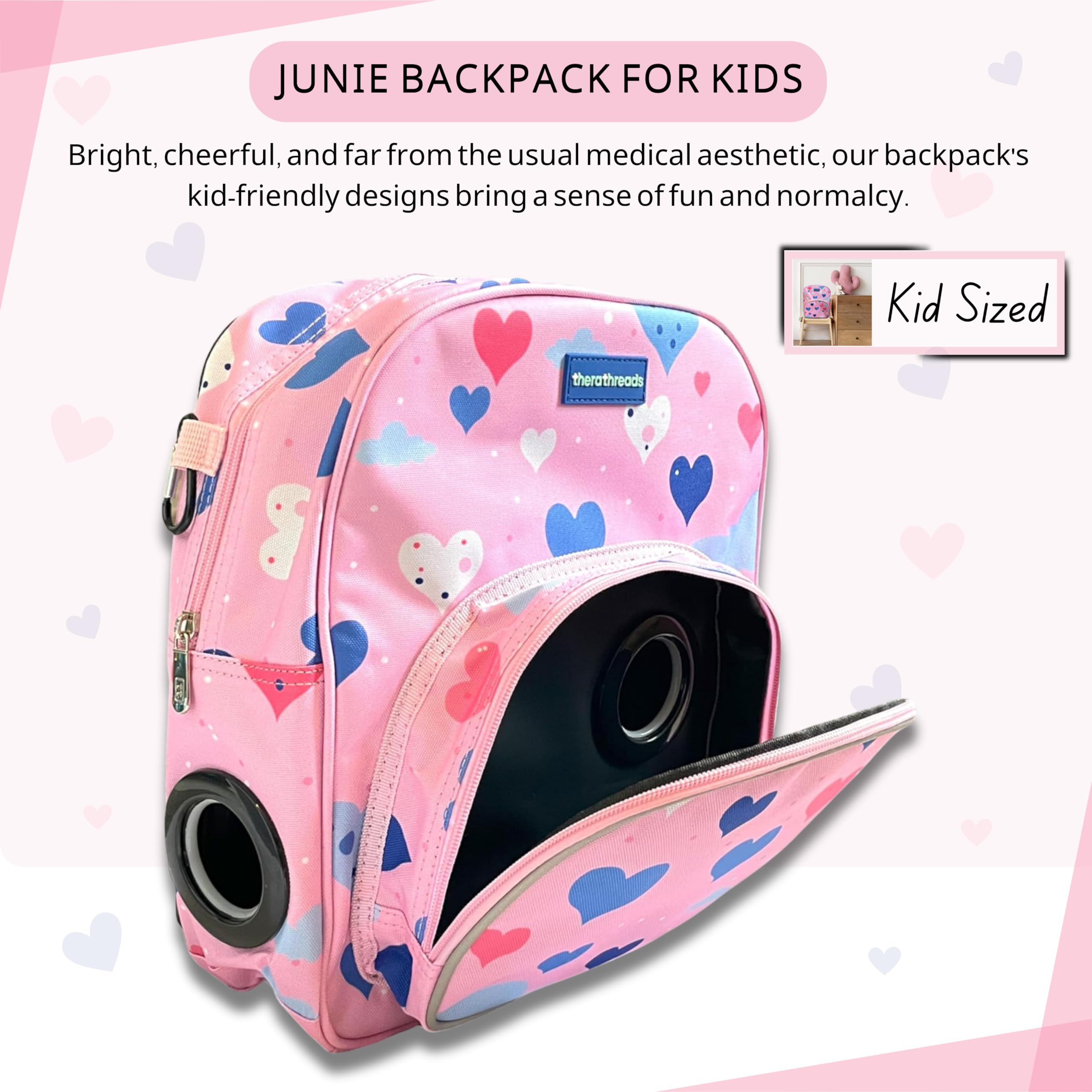 therathreads Junie Feeding Tube Backpack for Kids Enteral Feeding Pumps (EnteraLite Infinity and Kangaroo Joey), G Tube, J Tube, GJ Tube, PEG Tube Bag fits 500mL to 1L Capacity Bags (Hearts)