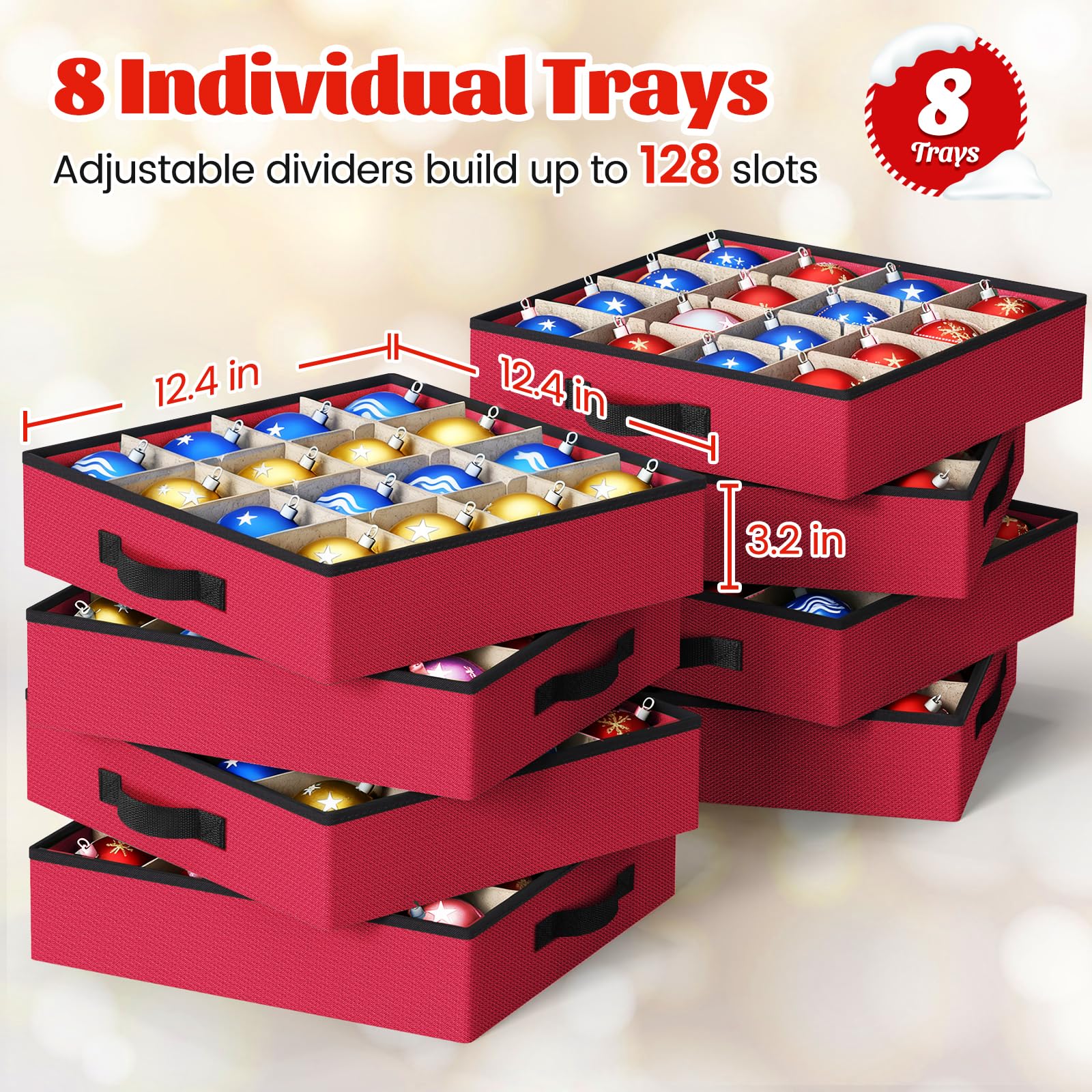 StorageRight Christmas Ornament Storage Box - Ultra Large Drawer Ornament Organizer with 8 Separate Trays & Adjustable Dividers, Portable Ornaments Box with Cover & Handle for Holiday Decorations(Red)