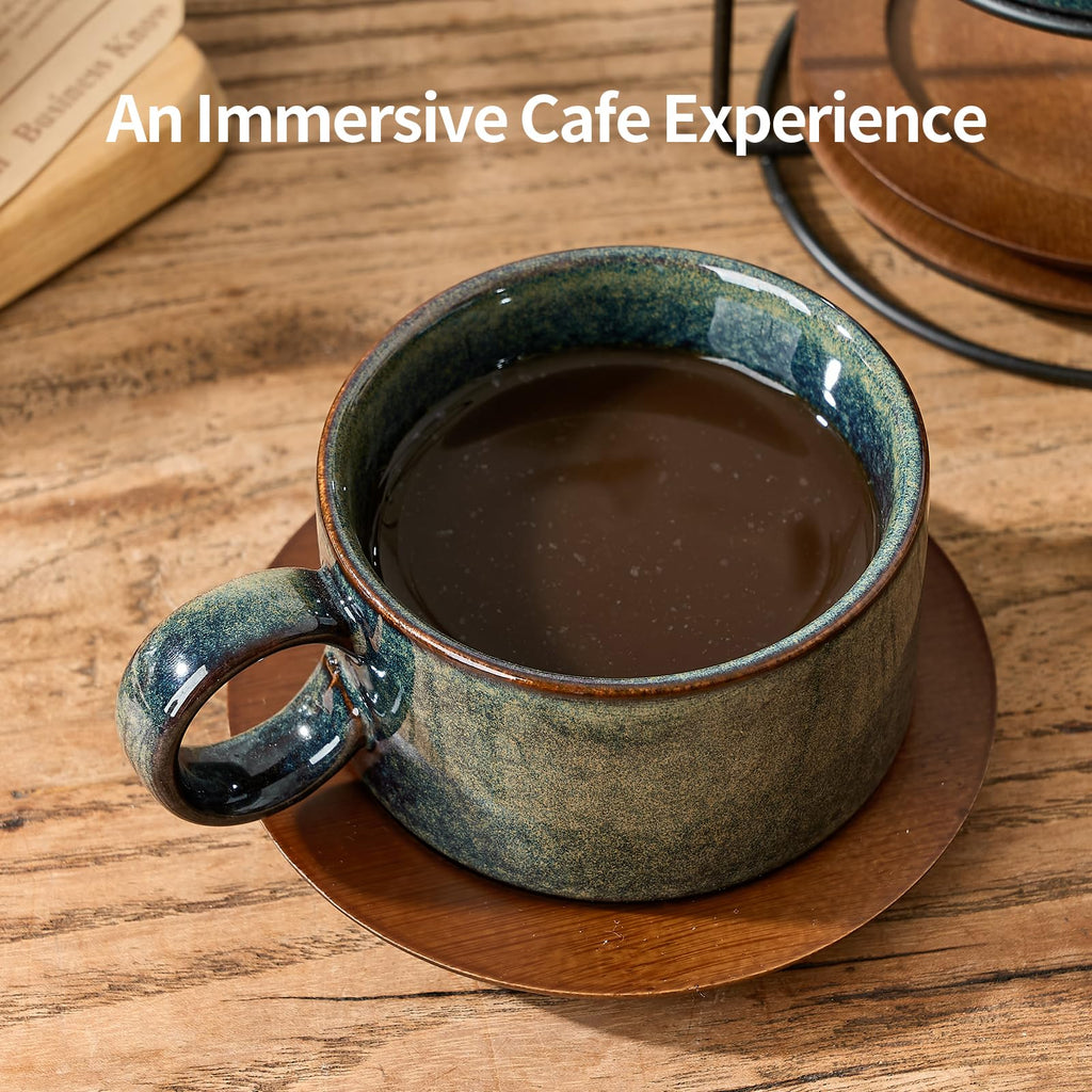 LUKA 6 Ounce Porcelain Stackable Espresso Cups with Saucers and Metal Stand Set of 4, Ceramic Cappuccino Cups Set for Specialty Coffee Drinks, Latte, Cafe Mocha and Tea, Kiln Tide Glaze