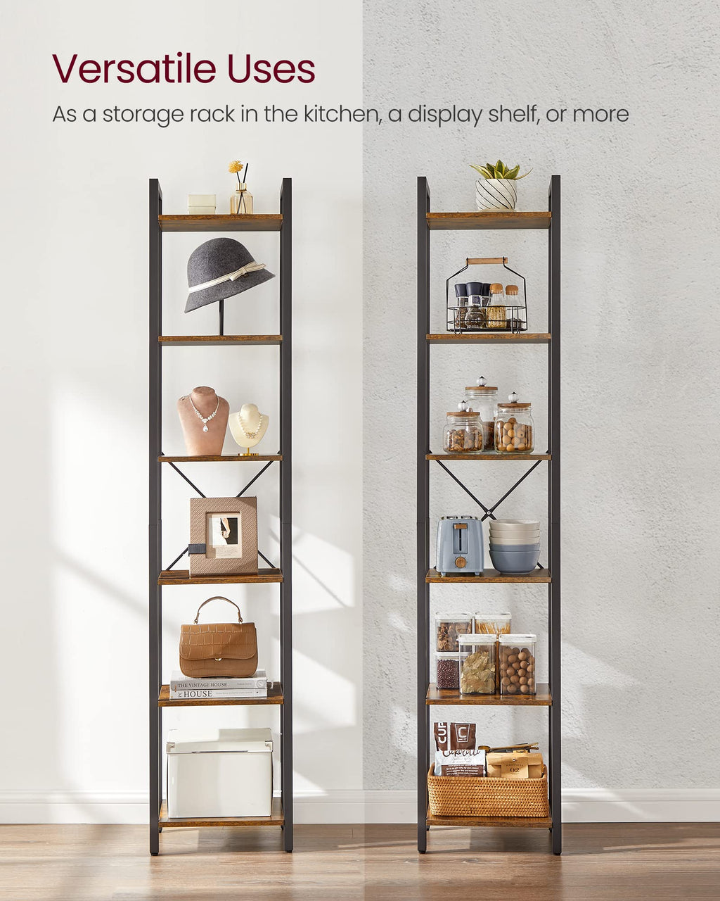 VASAGLE 6-Tier Bookshelf, Bookcase with Steel Frame, Book Shelf for Living Room, Home Office, Study, 11.8 x 15.7 x 73.2 Inches, Industrial Style, Rustic Brown and Ink Black ULLS101B01