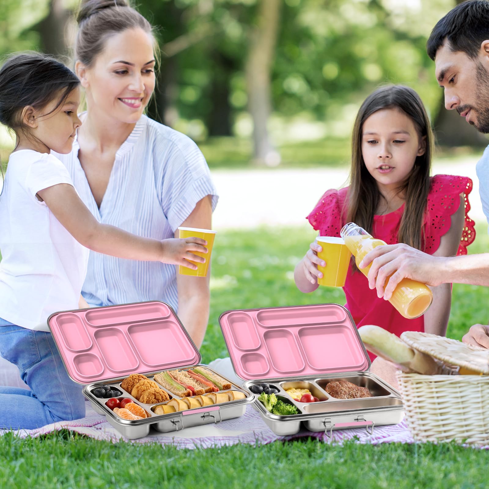 TOURPOR Stainless Steel Bento Box for Adults & Kids, 5-Compartment Lunch Box with 2 Sauce Containers, BPA-Free Bento Lunch Container, Dishwasher Safe, School & Work Meal Prep Lunch Container (Pink)